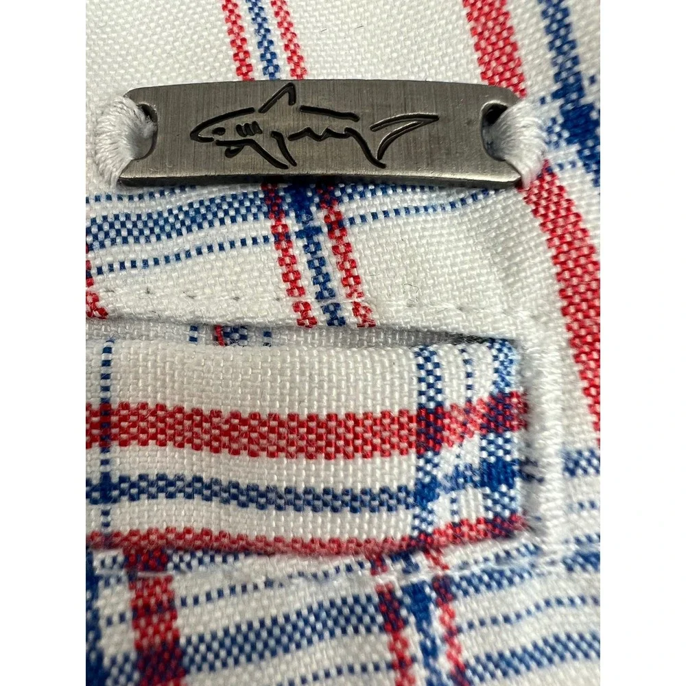 Greg Norman Tasso Elba Golf Shorts Mens 34 White Red Blue Plaid Shark Logo Good